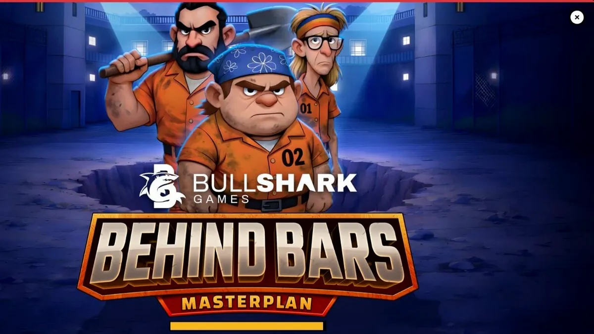 Tampilan visual slot Behind Bars Masterplan dengan tema penjara kartun