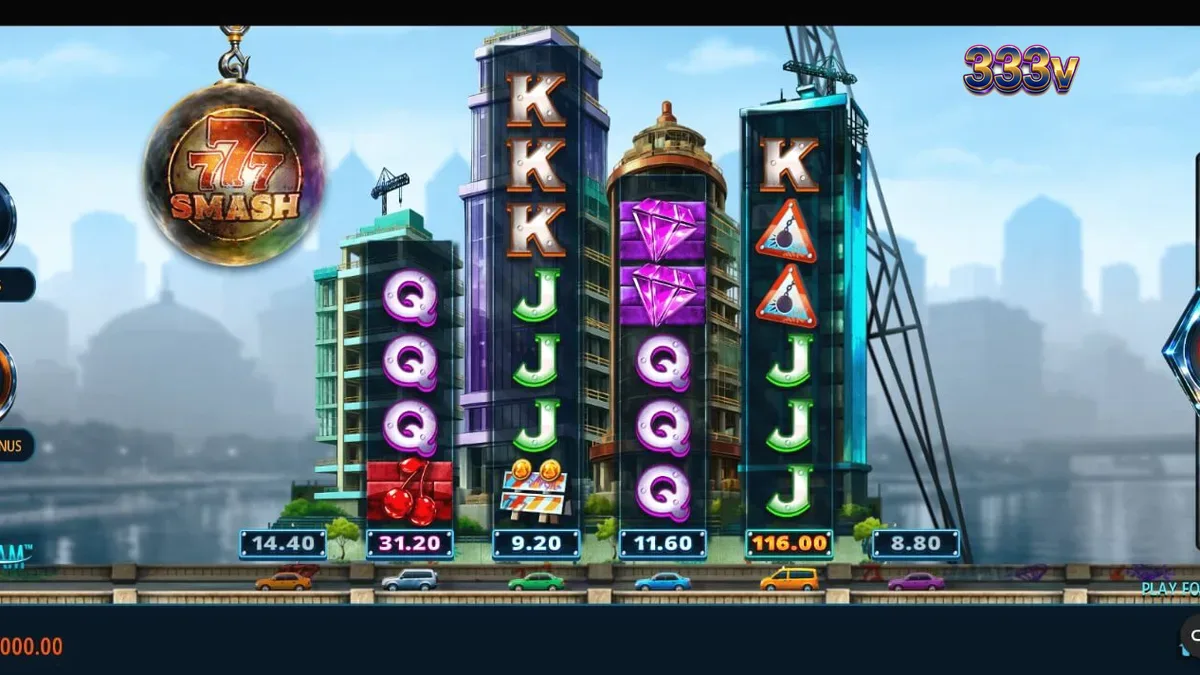 Tampilan visual slot 777 Smash dengan tema konstruksi industrial dan wrecking ball.