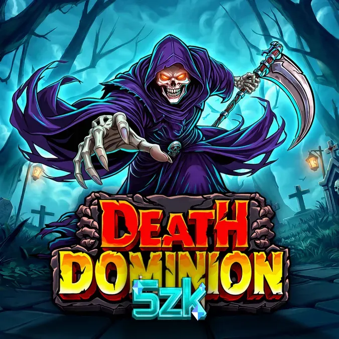 Tampilan layar permainan slot Death Dominion dengan latar belakang kuburan gotik dan Grim Reaper